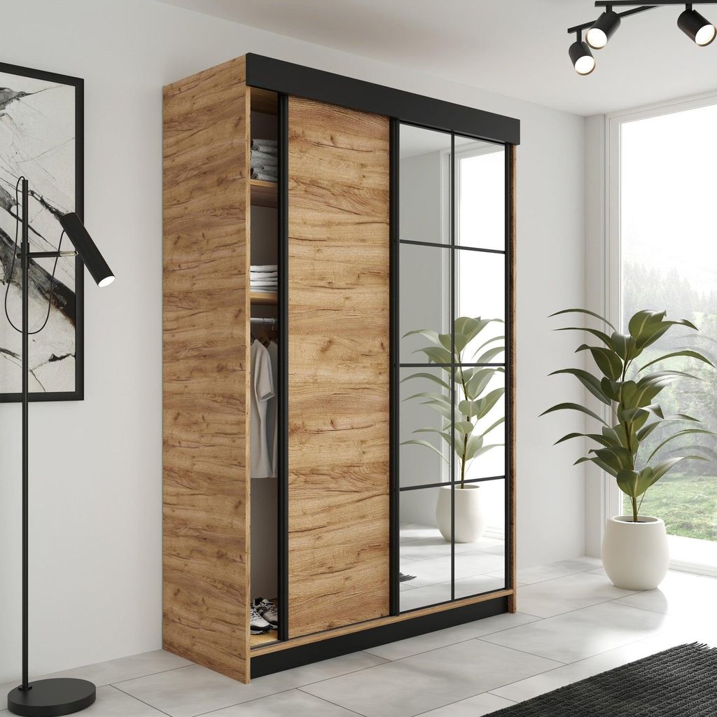 LAMARO Kleiderschrank mit Spiegel, Eiche Craft Gold, 138x205x59 cm. Variante: Eiche Craft Gold, 138x205x59