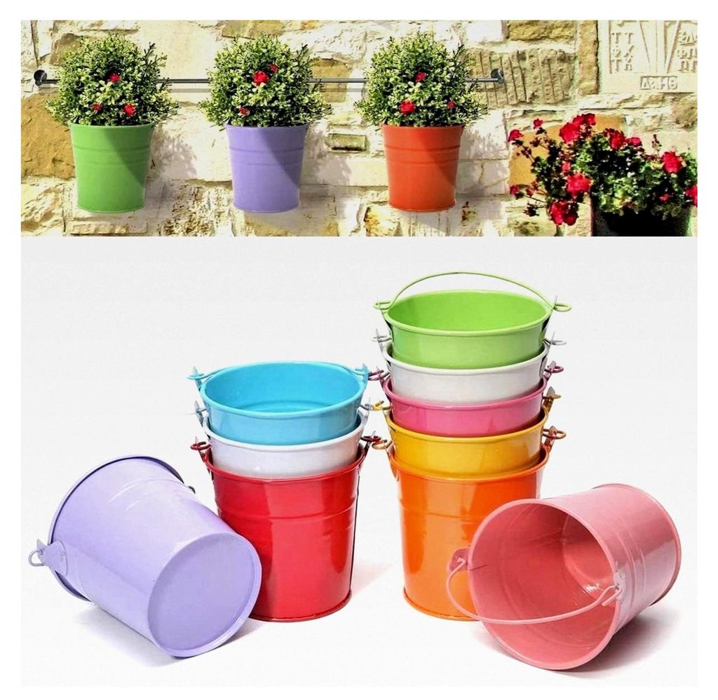 12 Stück Mini Metall Hängende Blumentöpfe, 6 cm Hängende Blumeneimer mit Abnehmbarem Griff für Balkonzaun Garten Dekoration (12 Farben)