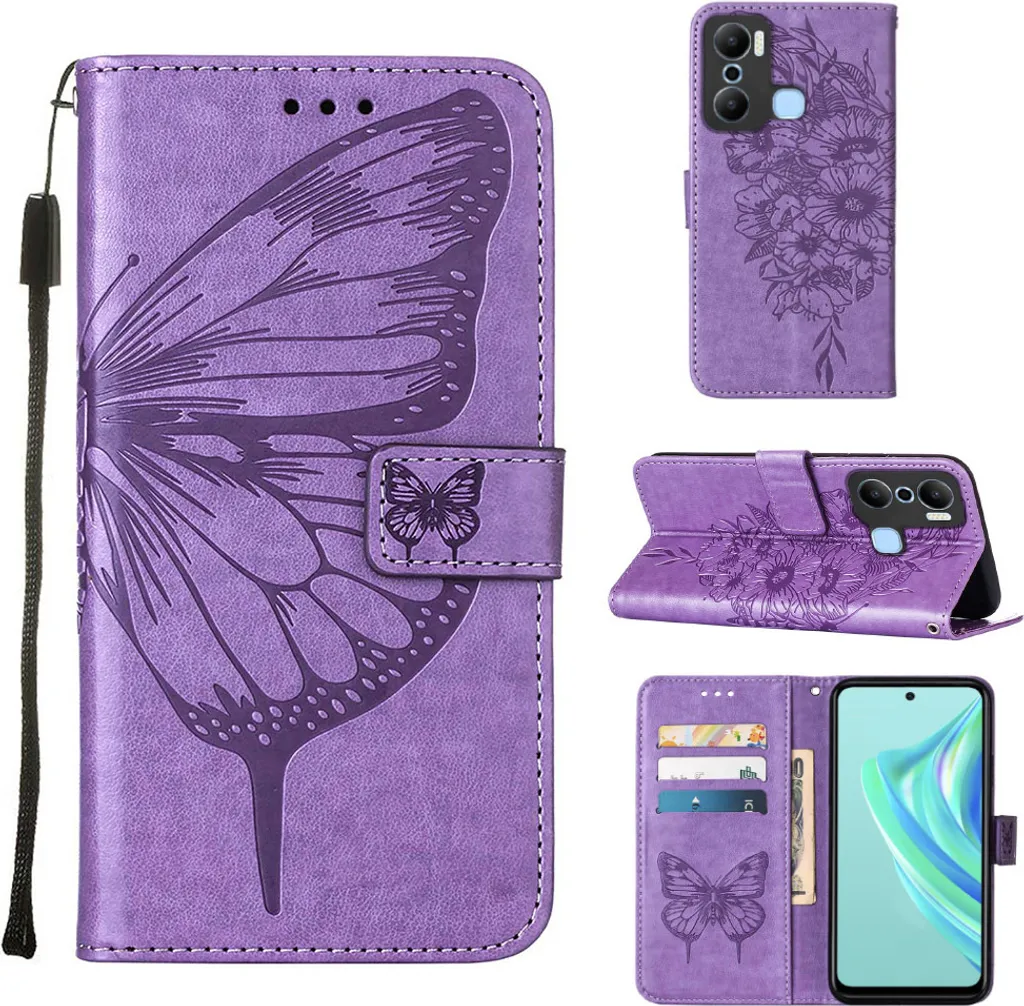Custodia Infinix Hot 20 Play in Pelle Viola con Farfalle e Portafoglio