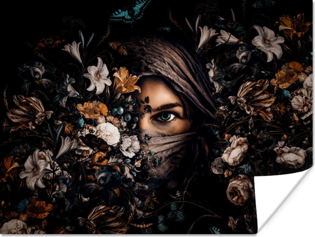 MuchoWow Poster Frau - Luxus - Blumen - Schmetterling - Porträt 120x90 cm - Wandbild