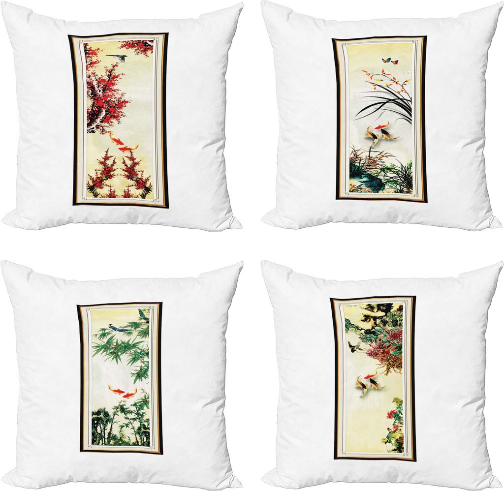 ABAKUHAUS asiatisch Dekokissen Kissenbezug 4er Pack, Asian Poster Vögel und Bäume, Modern Accent Doppelseitiger Digitaldruck, 60 x 60 cm, Mehrfarbig