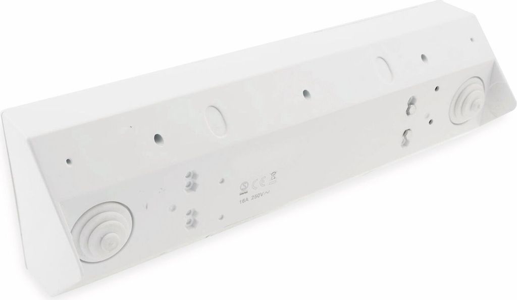 The back of a white power strip with multiple outlets.