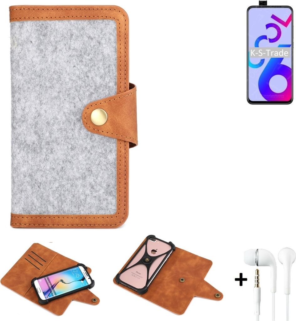 K-S-Trade Handyhülle + Kopfhörer kompatibel mit Coolpad Cool 6 Schutzhülle Filz Hülle Kunstleder hellgrau braun (1x)