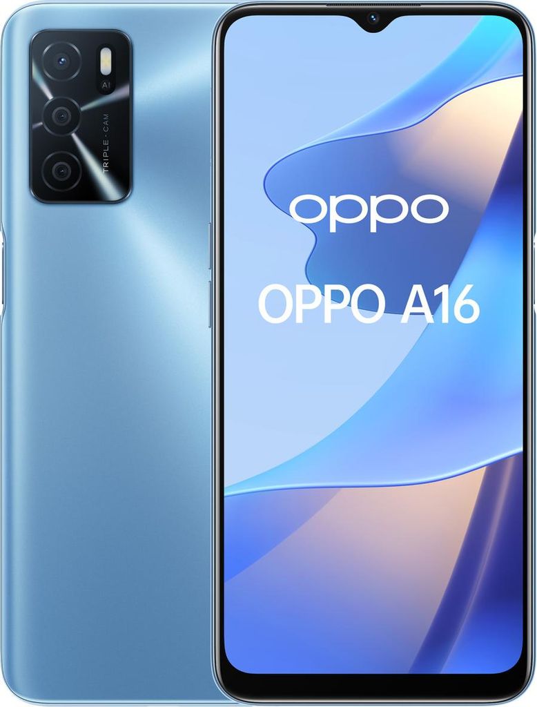 A product shot of an OPPO A16 smartphone, showing both the back and front views.