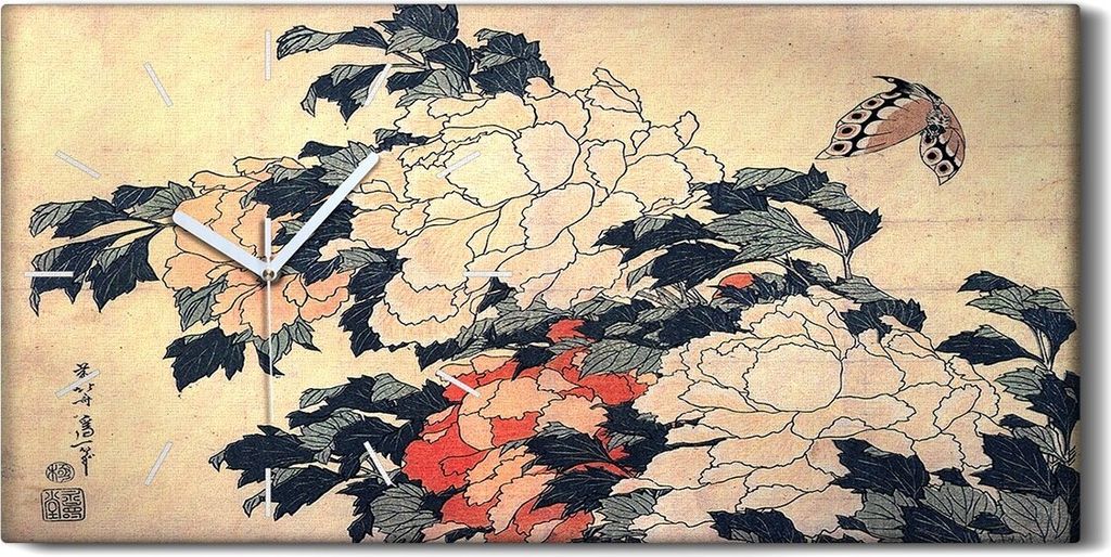 Dekor Leinwand Uhr Wandbilder 60x30 Pfingstrosen und Schmetterling Ukiyoe - weiße Hände