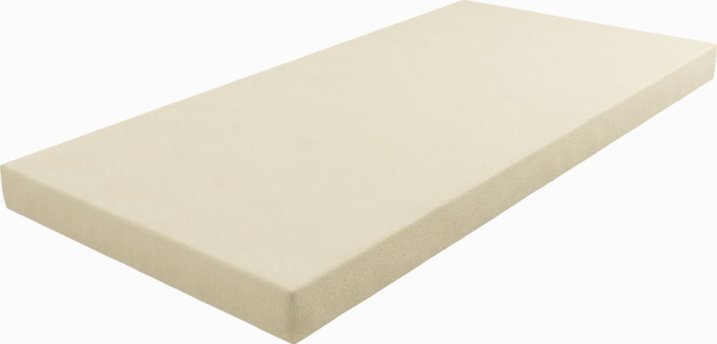 A cream-colored mattress or foam pad is shown from a slightly elevated, diagonal angle against a white background.