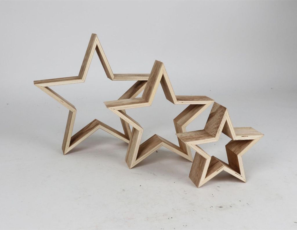 3-teiliges WH Deko-Stern Set aus Holz natürliche Weihnachtsdeko in verschiedenen Größen ideal für Tisch, Fensterbank oder als Geschenkidee