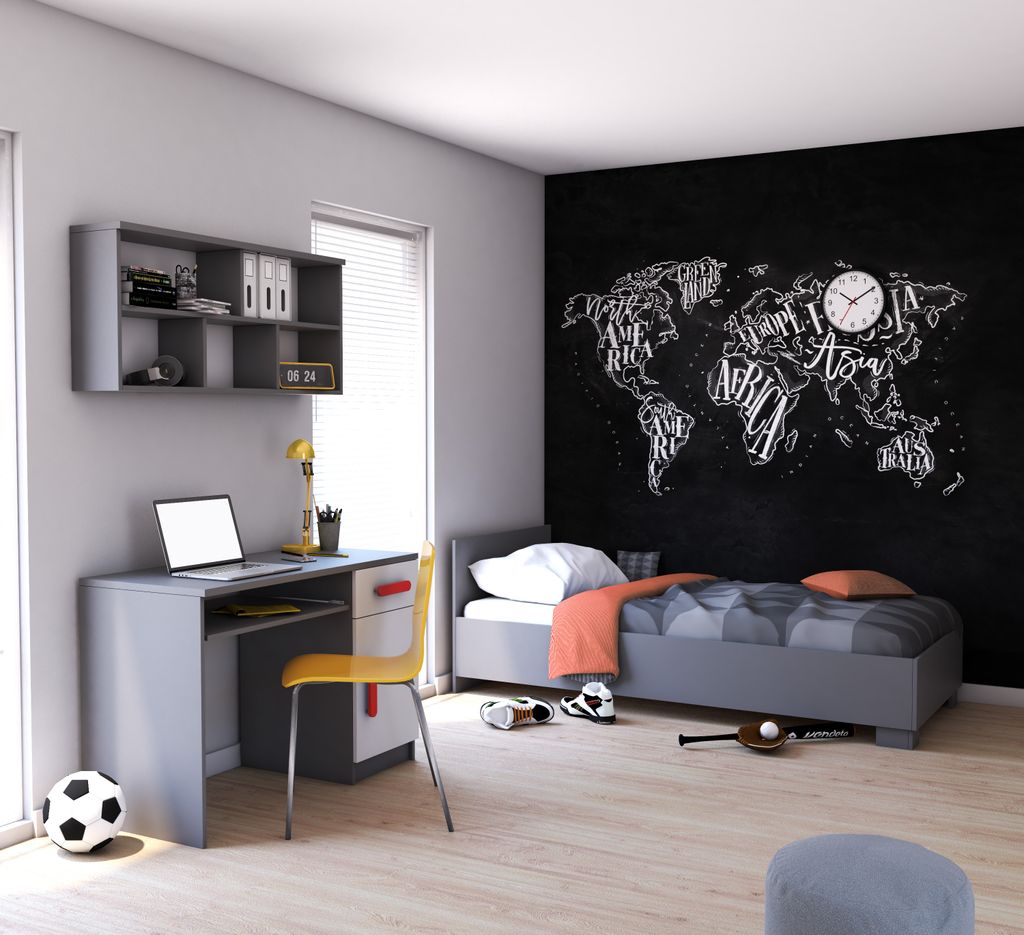 Kinderzimmer-Set Bett, Wandregal, Schreibtisch Grau/Weiß mit roten Griffen ohne Matratze JONAS V3