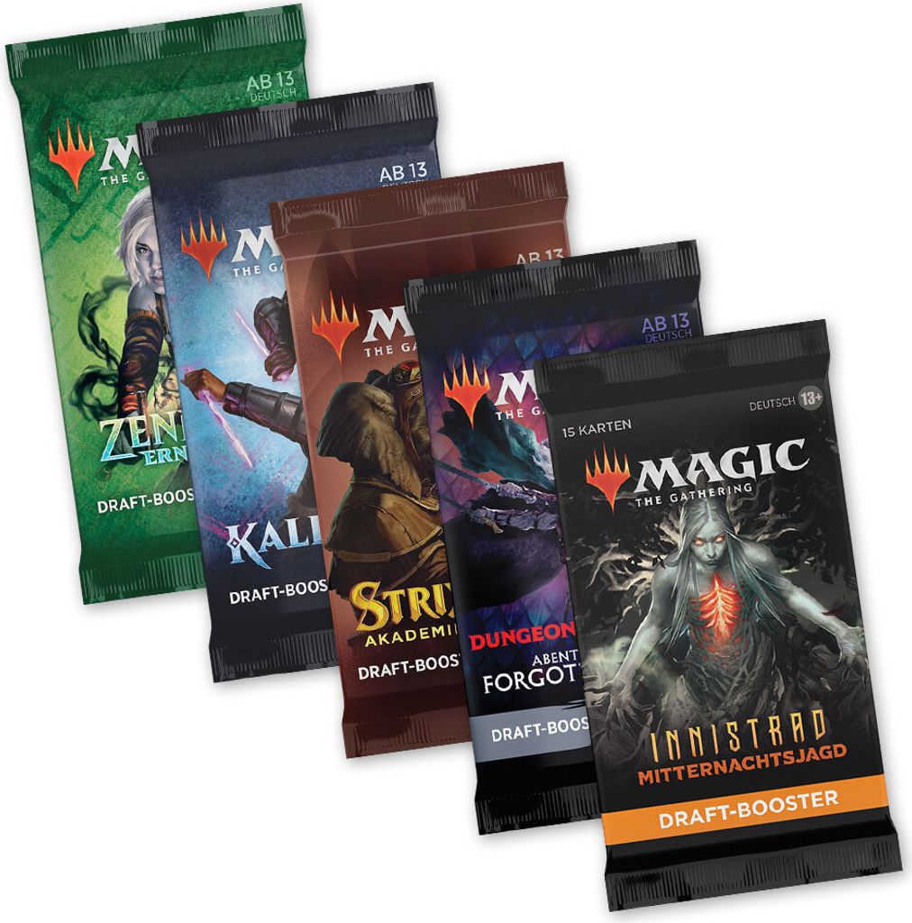 MtG Welcome-Set - 5 Booster Innistrad Forgotten Realms Strixhaven Kaldheim Zendikar DE