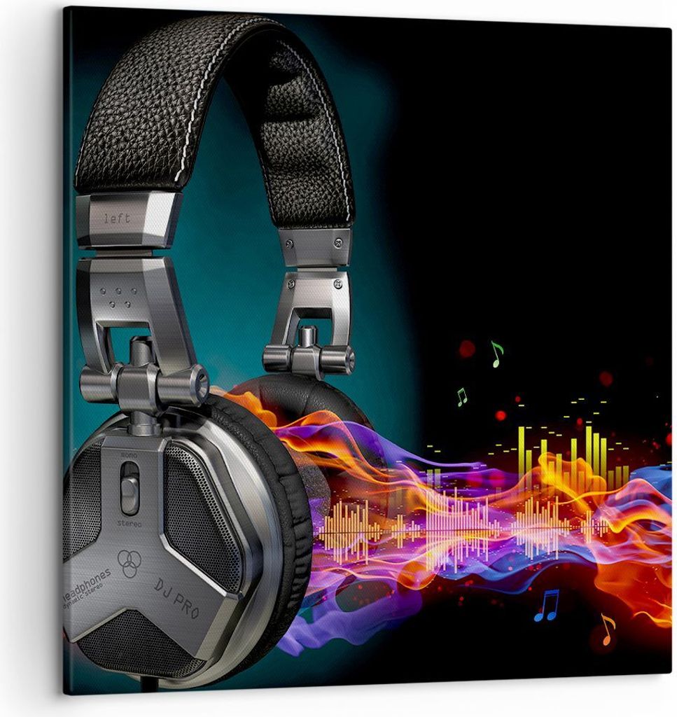 Bild auf Leinwand - Leinwandbild - Feuer Audio Kopfhörer - 50x50cm - Wand Bild - Wanddeko - Leinwanddruck - Bilder - Kunstdruck - Wanddekoration -...