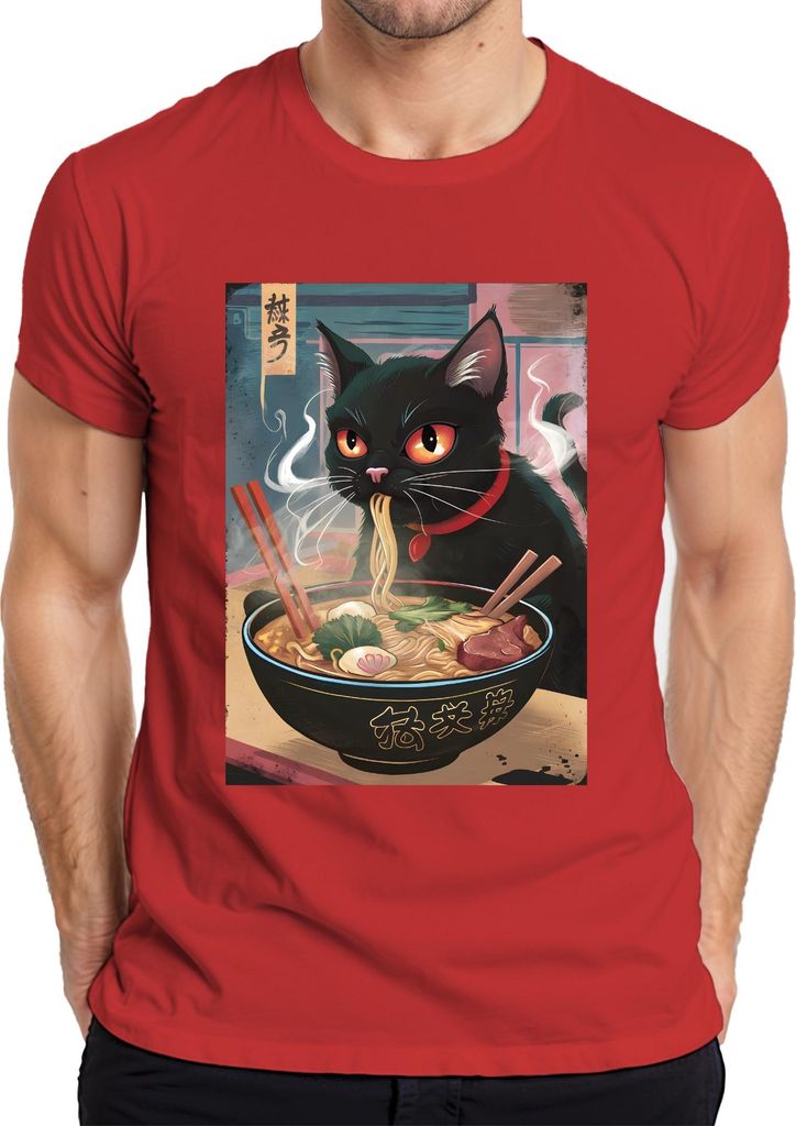 Schwarze Katze Ramen Nudelsuppe Japanisch Kawaii Anime Neko Chibi Herren T-Shirt, Rot, L
