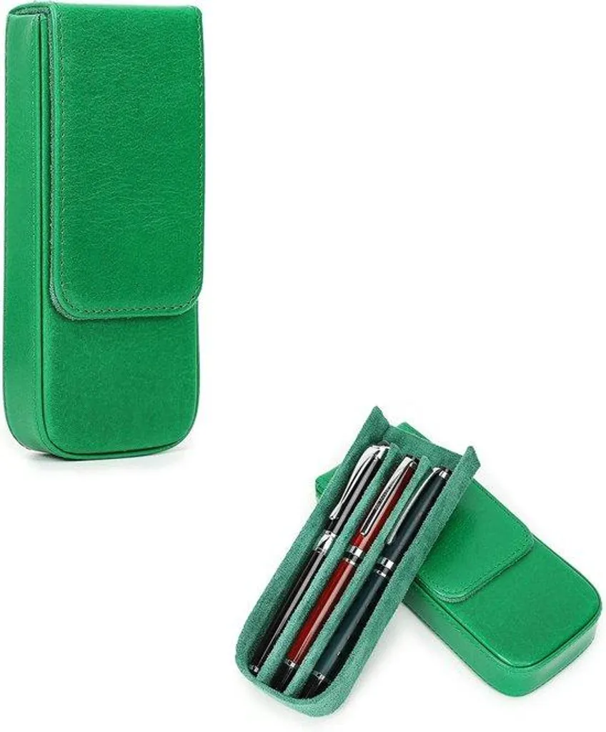 Étui pour 3 stylos en cuir vert avec rabat magnétique de sécurité