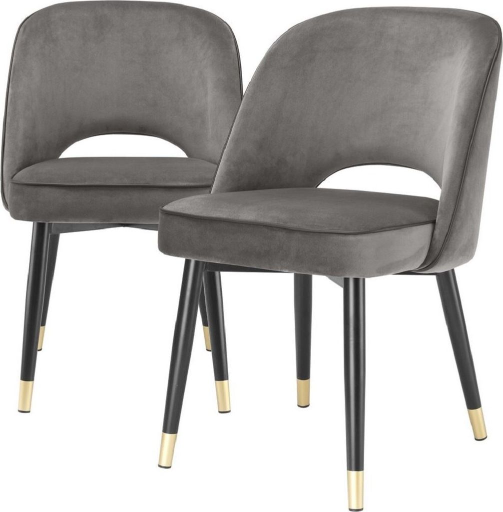 Casa Padrino Luxus Esszimmerstuhl Set Grau / Schwarz / Messing 53 x 56 x H. 84 cm - Esszimmerstühle mit edlem Samtstoff - Esszimmer Möbel