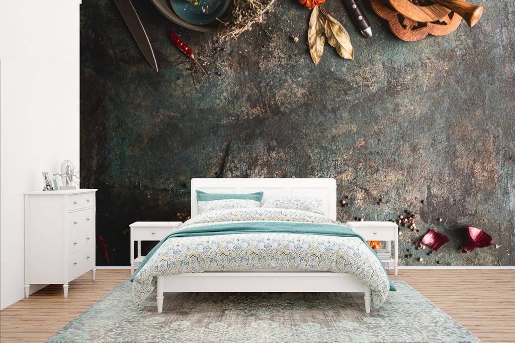 MuchoWow Fototapete für Wohnzimmer oder Schlafzimmer Wandtapete Vinyl Motivtapete Marmor - Gemüse - Herbst - Kürbis - Rustikal - Kräuter - 43...