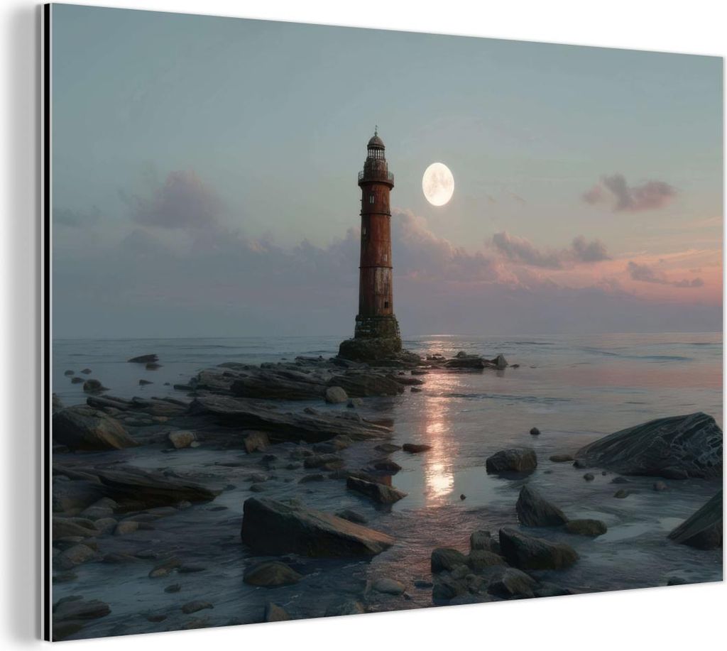 MuchoWow Wanddekoration Metall Metallbild Wandkunst 150x100 cm Leuchtturm - Steine - Wasser - Mond MuchoWow Aluminium Gemälde - Alu Dibond Bild