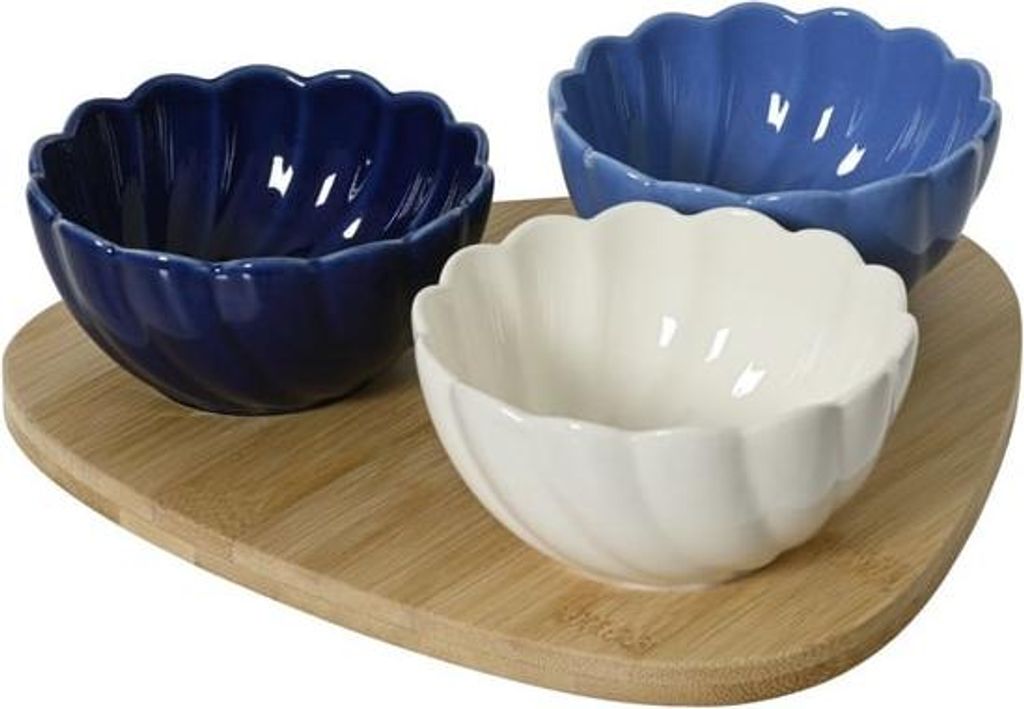 Tapas Set - Holztablett mit 3 Keramikschalen - ca. 21 x 22 x 6 cm