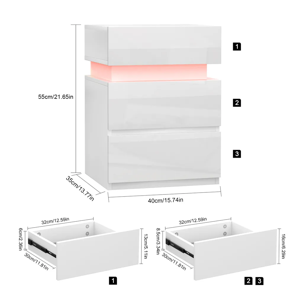 Table de chevet avec LED et 3 tiroirs blanche lot de 2 design moderne - 4