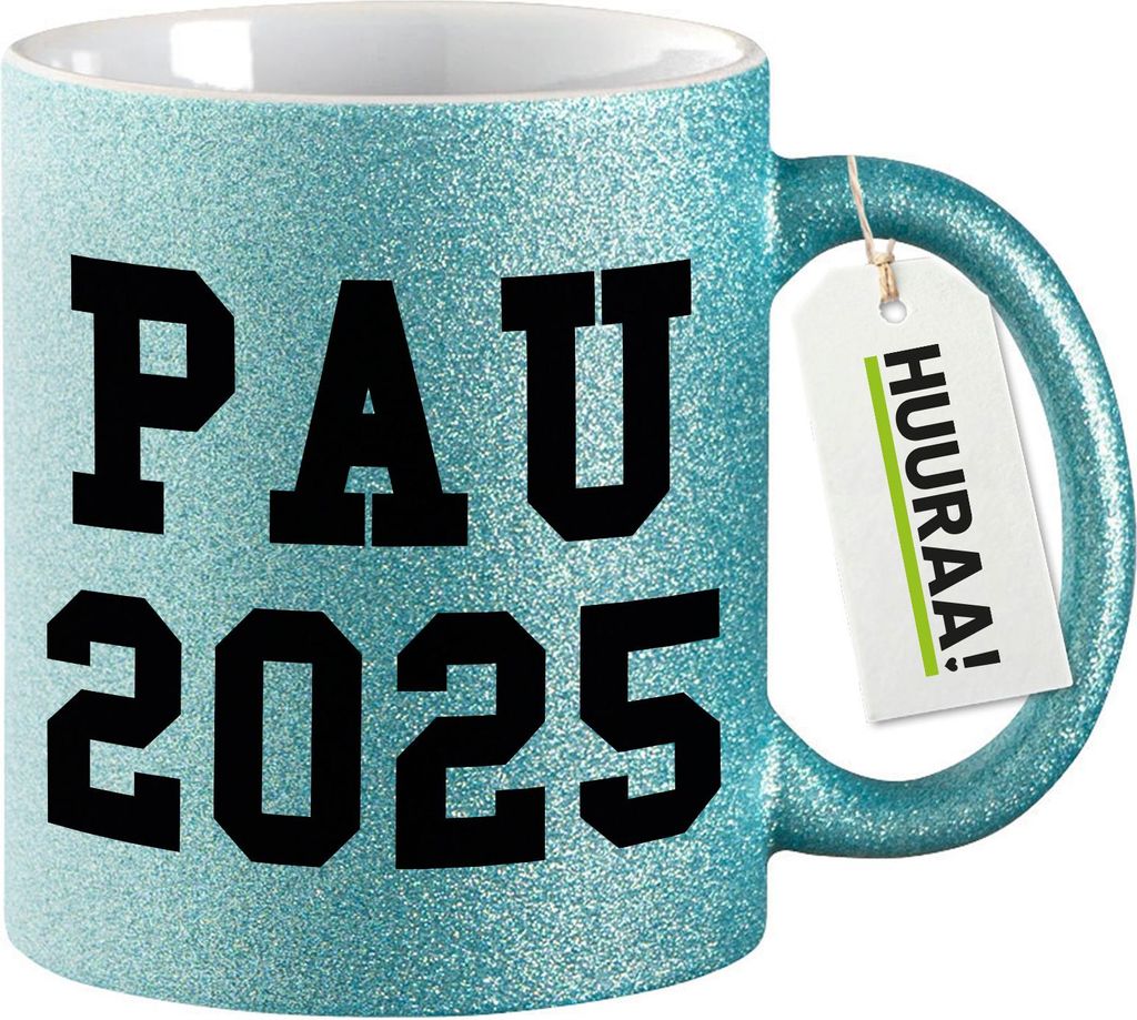 Huuraa Glitzertasse PAU 2025 Abschluss Spanien 330ml Blau Keramik Kaffeebecher Geschenkidee