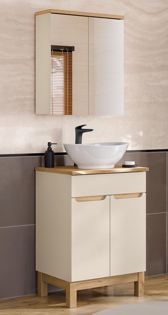Badmöbel-Set 2-teilig mit 60 cm Waschtisch & Spiegelschrank in kaschmir und Eiche mit Baumkantenoptik, modern grifflos - SOLNA-56-CASHMERE