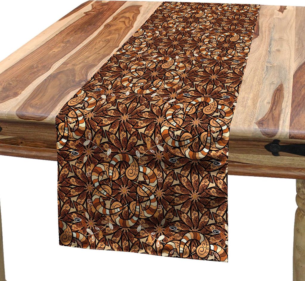 ABAKUHAUS asiatisch Tischläufer, Ethnische Blumenarrangement mit Spiralen und Punkten Abstract Foliage Pattern, 40 x 180 cm, Braun Hellbraun Beige