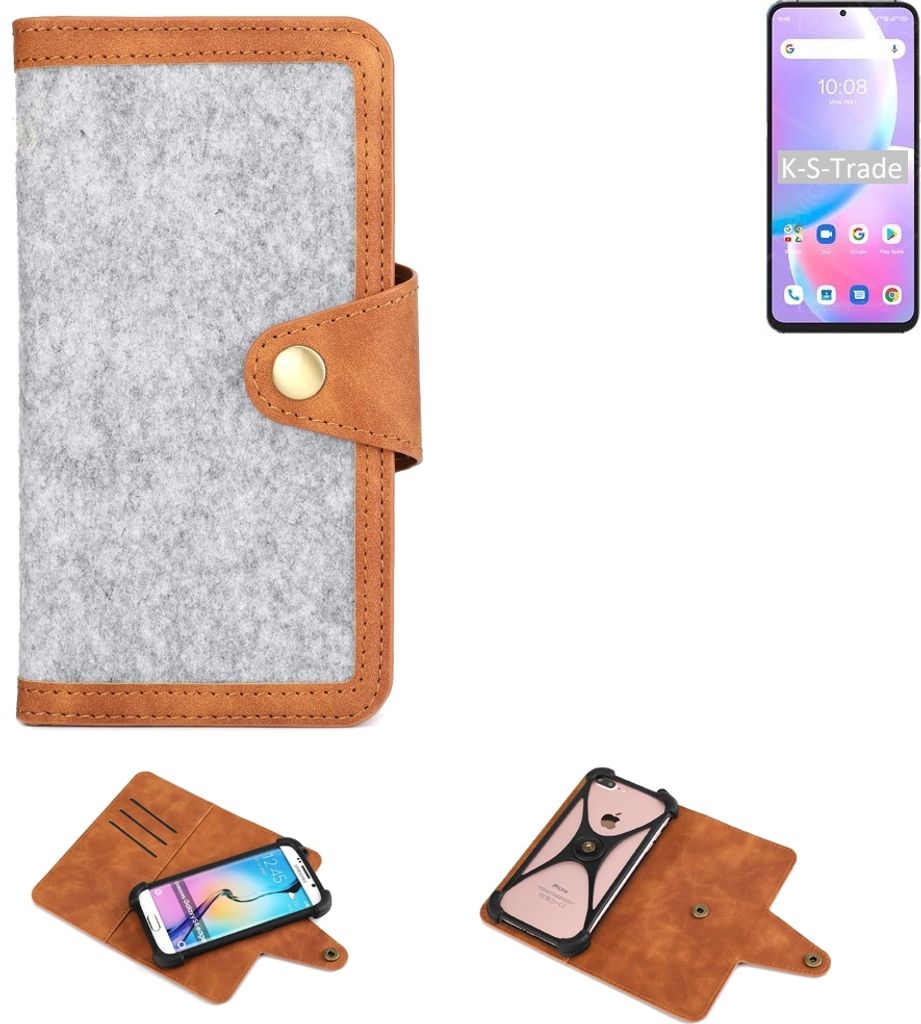 K-S-Trade Handyhülle kompatibel mit UMIDIGI A11 Pro Max Schutzhülle Filz-Hülle Kunst-Leder hellgrau braun (1x)