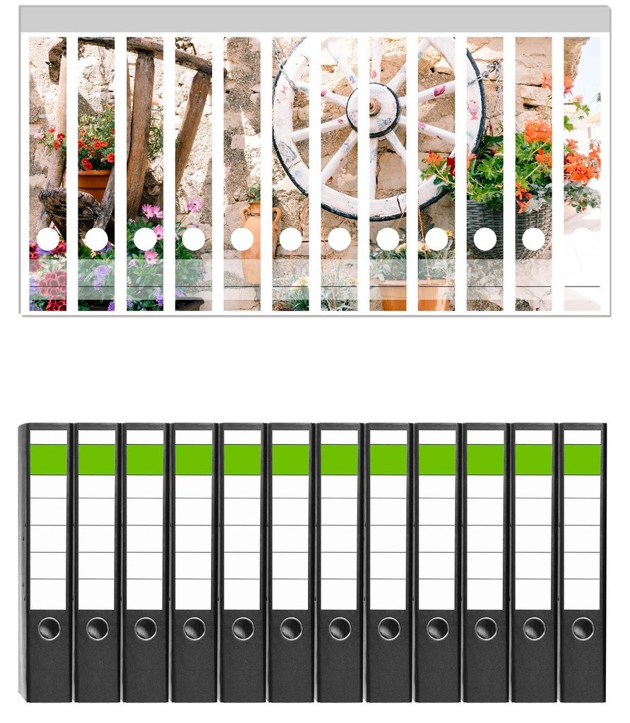Wallario 12 Stück schmale Ordner inkl. Klebeetiketten mit Motive Wagenrad an Natursteinwand - Set mit Rückenschildern / Ordnerrücken Stickern