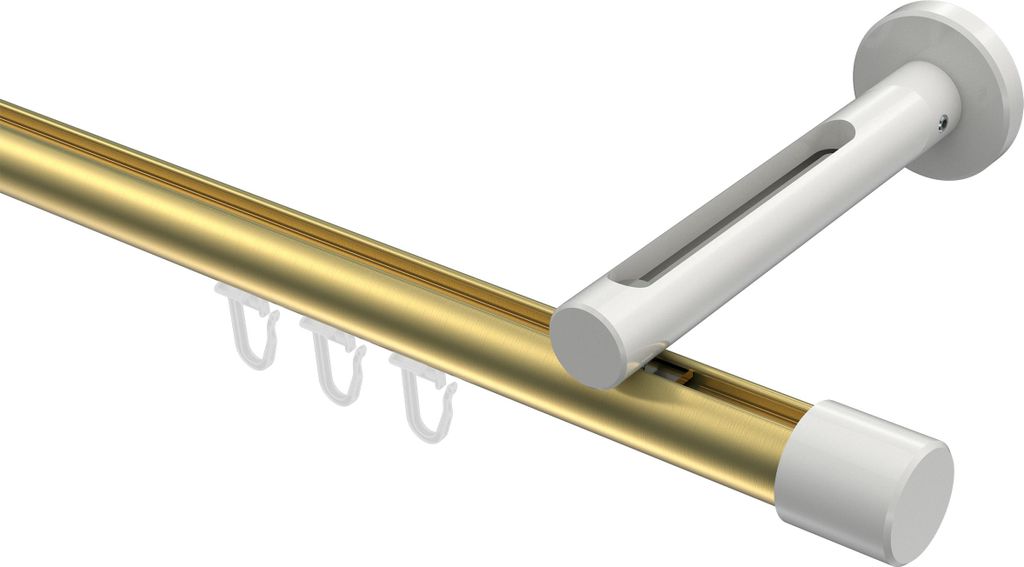 Interdeco Innenlaufstange / Gardinenstange mit Innenlauf Messing-Optik / Weiß, Typ Siteno Santo (Kappe), 20 mm Ø 1-läufig, 320 cm