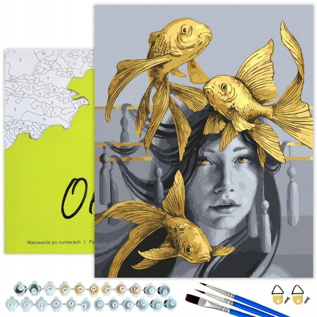 Malen nach Zahlen Set Mädchen mit Fisch 40x50 Goldfarbe Produktbild 