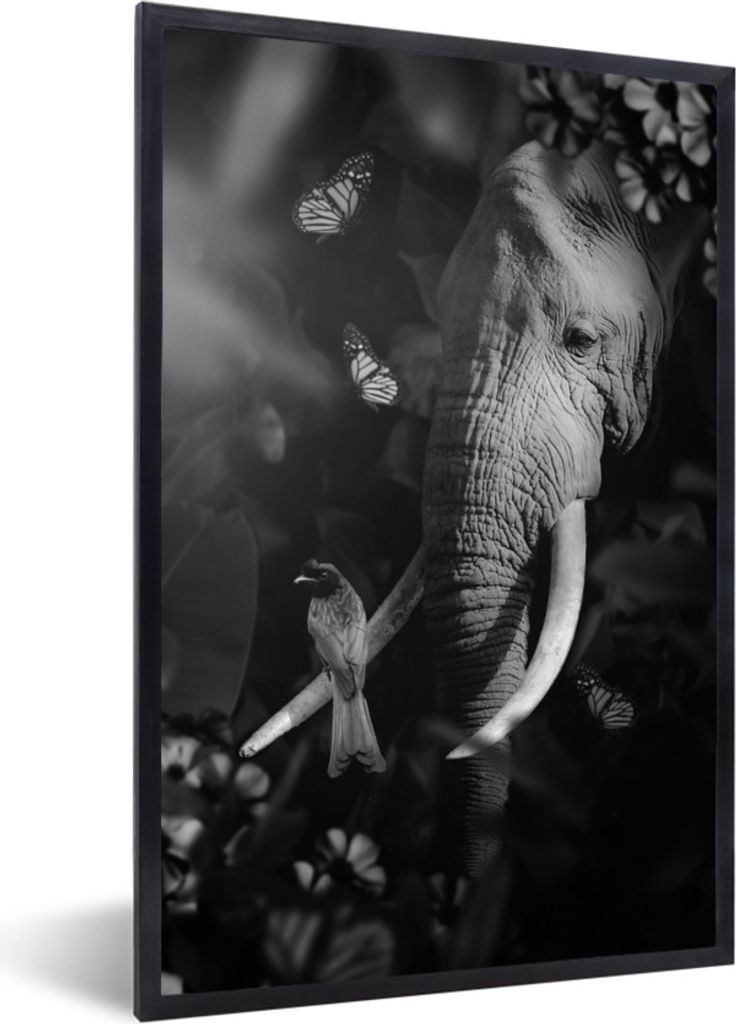 MuchoWow Gerahmtes Poster Porträt eines Elefanten und eines Vogels im Dschungel - schwarz und weiß 60x90 cm - Poster mit Schwarzem Bilderrahmen...