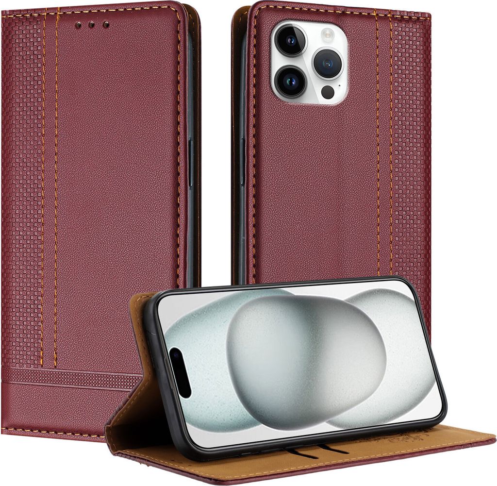 Handyhülle für iPhone 12 Pro Leder Flip Klappbare Schutzhülle mit Standfunktion Dunkelrot