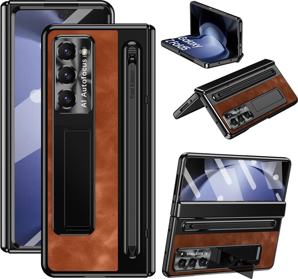 Hülle für Samsung Galaxy Z Fold 6, Metall Objektiv Scharnier Schutz, Vintage Leder Ständer Handyhülle mit S Pen Halter und Displayschutzfolie B...