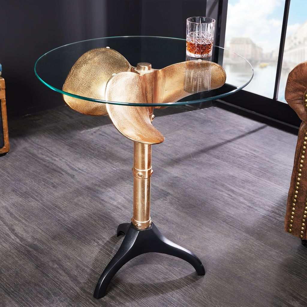 riess-ambiente Handgefertigter Beistelltisch OCEAN 75cm gold schwarz Glasplatte Metall maritim rund Couchtisch Tisch