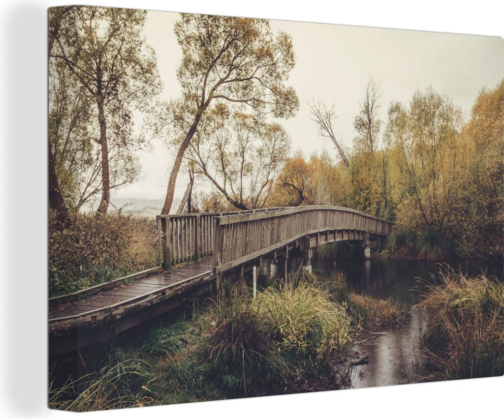 OneMillionCanvasses - Leinwandbilder - 140x90 cm, Herbst - Brücke - Bäume, Wandbilder Kunstdruck Wanddekoration - Foto auf Leinwand - Gemälde ...