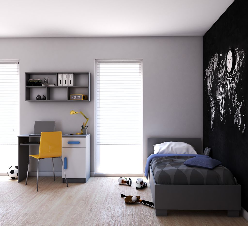 Kinderzimmer-Set Bett, Wandregal, Schreibtisch Grau/Weiß mit rosa Griffe ohne Matratze JONAS V3