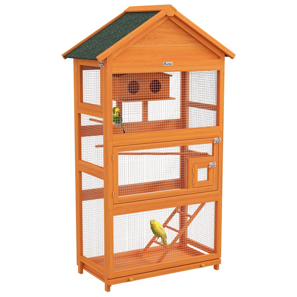 PawHut Vogelkäfig aus Holz, Papageienkäfig, Spielplatz, Vogelvoliere im Freien, wasserdichtes Asphaltdach, für Sittiche, Nymphensittiche, Sittic...