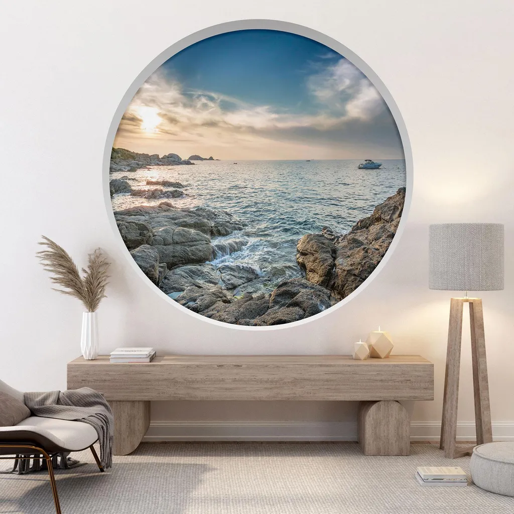 Sticker déco arche ronde 130 cm adhésif mat avec paysage de mer