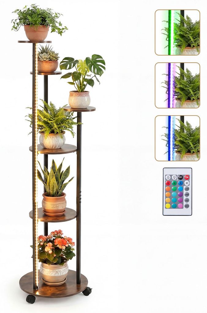 COSTWAY Blumenständer, 6-stufiges Pflanzenständer mit LED-Beleuchtung&Rollen, Pflanzenregal Outdoor, Blumentreppe für Balkon (Rustikal Braun+Sch...