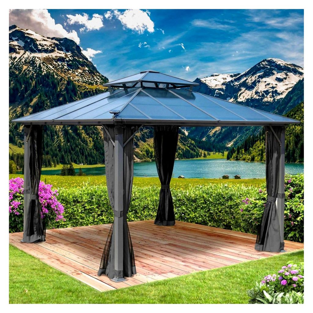 Pavillon Aluminium Pagode 3,5x3,5m | verschiedene Modelle & Farben | inkl. Moskitonetz | festes Dach | wasserdicht | stabil | UV-Schutz | Dunkelgrau