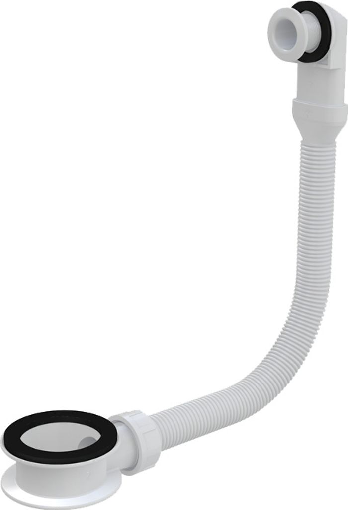 A white bathroom sink overflow drain with a flexible hose.