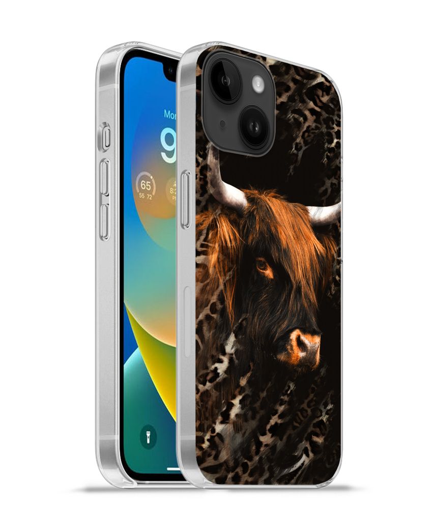 MuchoWow Handyhülle Schutzhülle Hülle für Apple iPhone 14 - Softcase Schottischer Highlander - Pantherdruck - Schwarz Silikon Softcase Handy ...