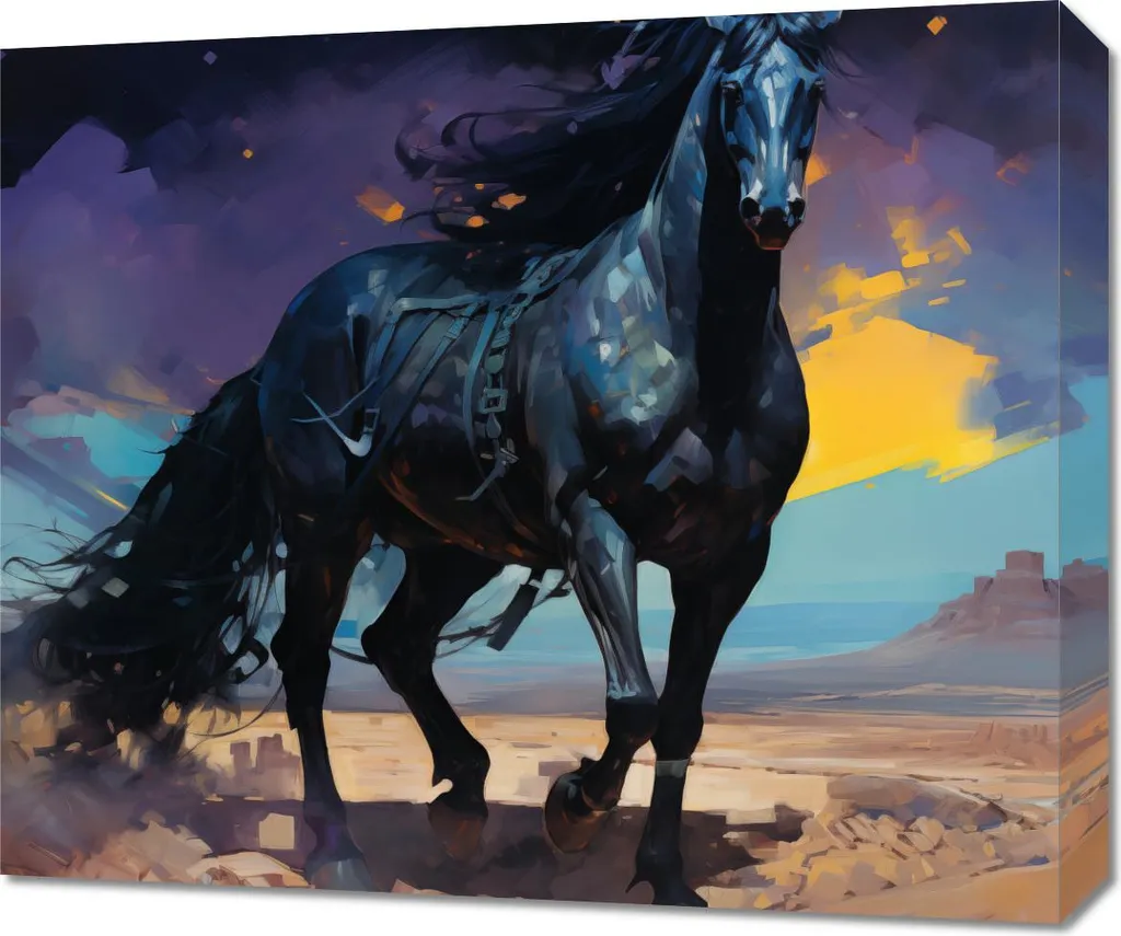 Quadro Cavallo Nero in Corsa 60x50 cm - Tela Canvas Moderna d'Arredo
