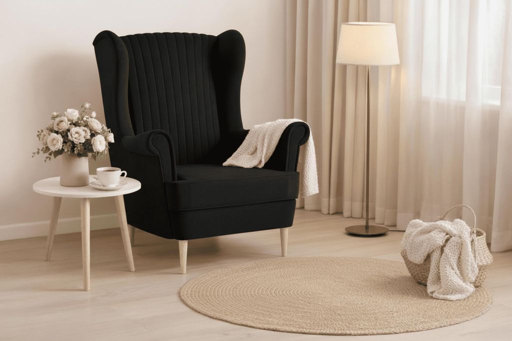Ohrensessel, Sessel aus Samstoff, Stuhl, Sitzmöbel, Polstersessel, Relaxsessel - Sessel Comfy - Schwarz (Manila 18)