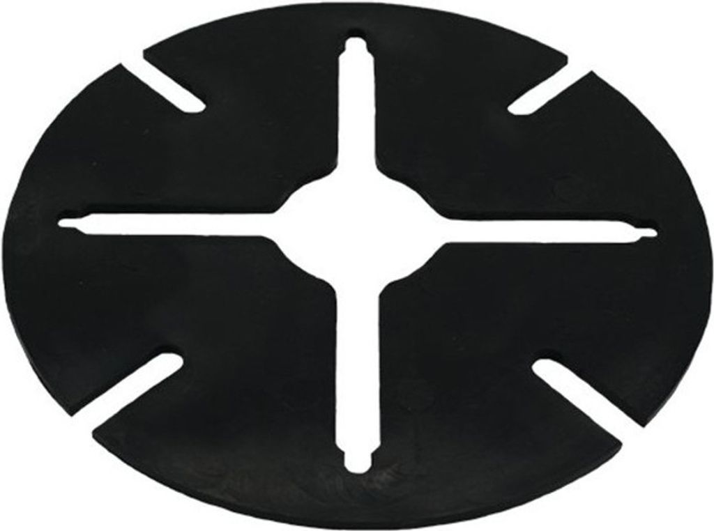 A black circular object with cutouts, resembling a spacer or washer, is shown against a white background.