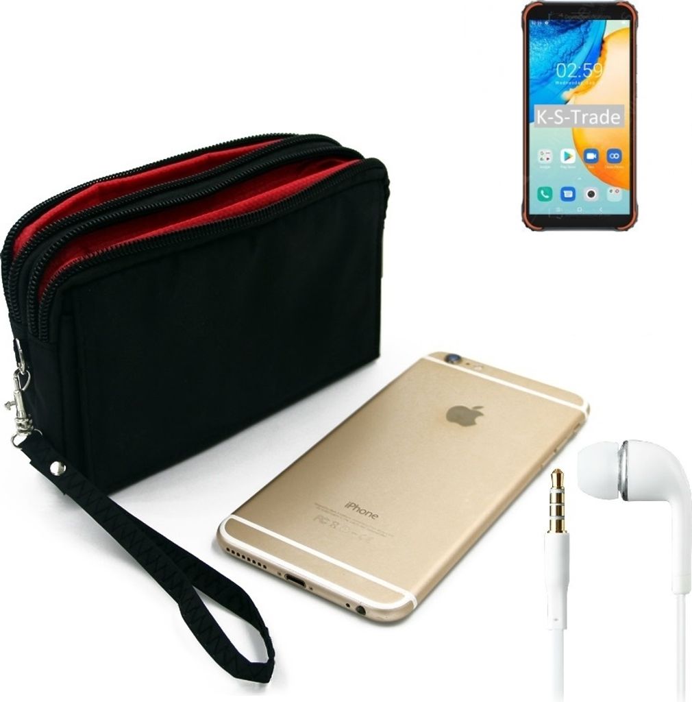TOP SET kompatibel mit Blackview BV4900 Pro Handy Hülle Gürteltasche schwarz + Kopfhörer Travel Bag Travel-Case mit Diebstahlschutz praktische