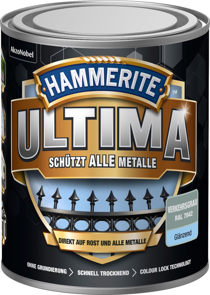 Hammerite Metallschutzlack Ultima Glänzend, Hochwertiger Schutzlack für alle Metalle im Außenbereich, Verkehrsgrau, RAL 7042, 750 ml