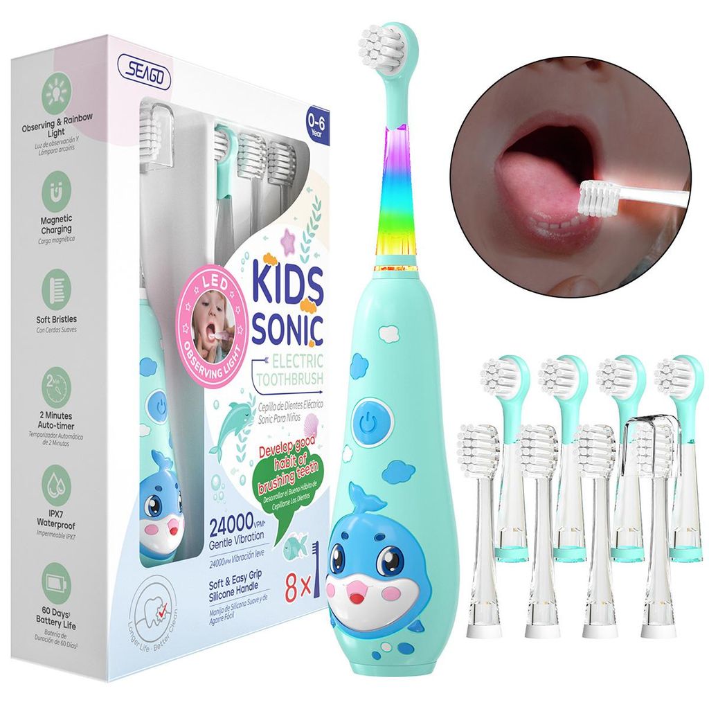 Elektrische Zahnbürste für Babys & Kinder (0–6 Jahre), mit LED-Licht, weichem Rundkopf, 2-Minuten-Timer, IPX7 wasserdicht, unisex