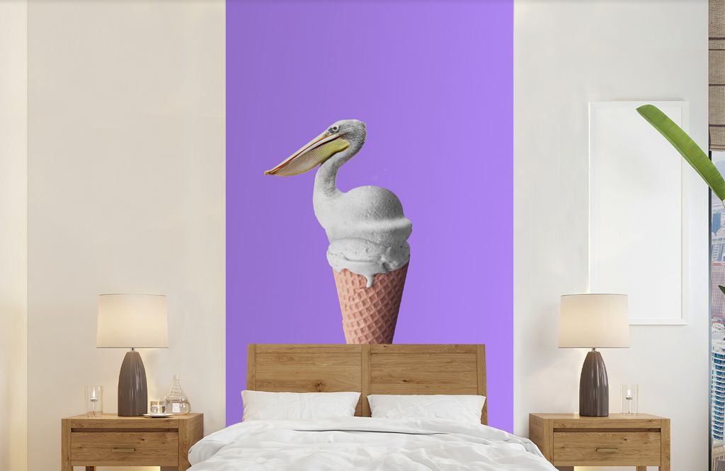 MuchoWow Fototapete für Wohnzimmer oder Schlafzimmer Wandtapete Vinyl Motivtapete Eiscreme - Vogel - Pelikan - Weiß - Eistüte - 120x240 cm - H...