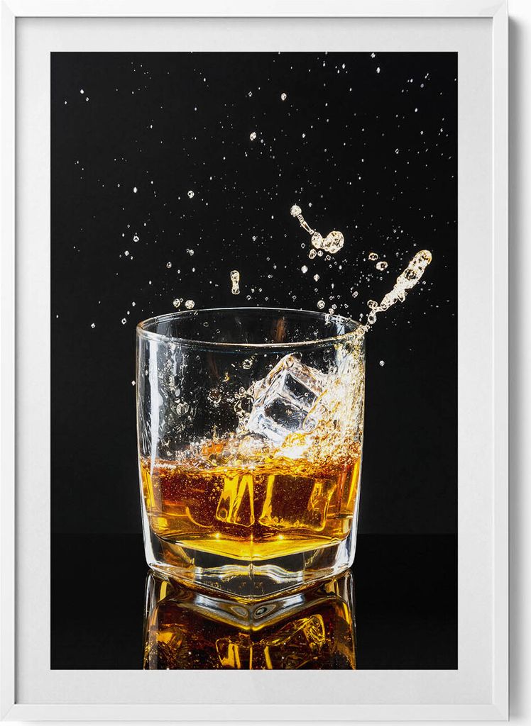 Whisky-Glas– Wandbild mit Rahmen – Gerahmtes Bild – Wanddekoration – 70x100 cm – Weiß Rahmen