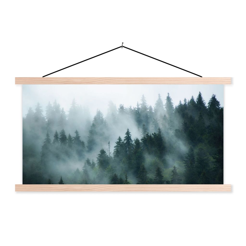 MuchoWow Textilposter Nebel - Bäume - Wald 120x60 cm mit holzfarbenen Rahmen - Klemmleiste