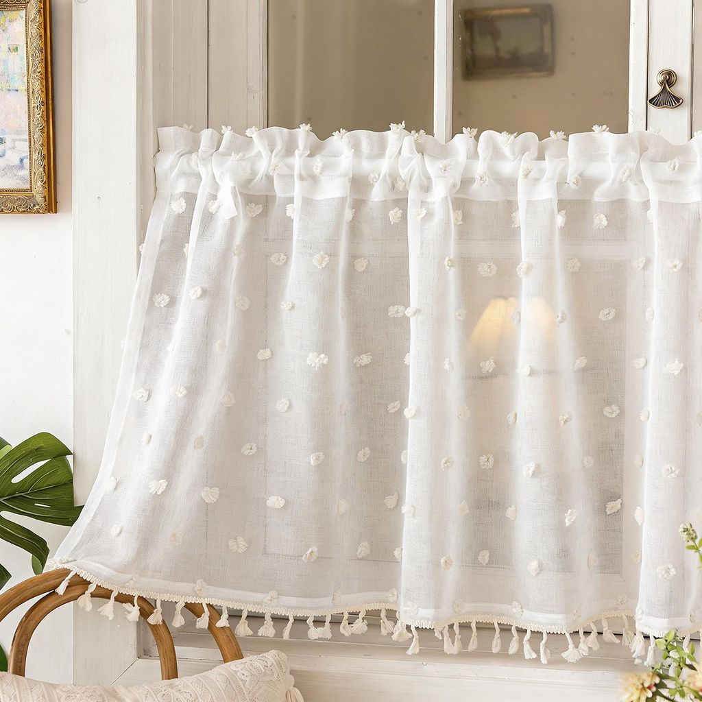 Rideau à panneaux avec pompons, style bohème, voile blanc, Image du produit 